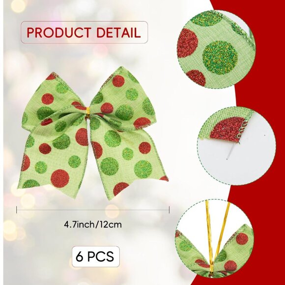 Red, Green Christmas 6 Piece Wreaths Bows Glitter Dot Xmas Ribbon Bow Ornaments - Picture 3 of 8
